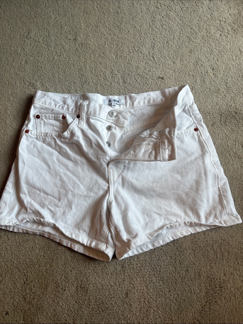 Re/Done White Mid-Rise Boy Jean Shorts with Button Fly